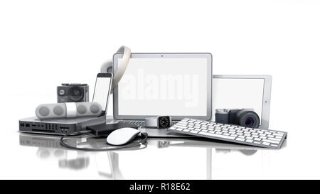 Sammlung von Consumer Electronics 3D-Render auf weißem Hintergrund Stockfoto