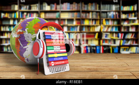 E-boock whith Globus audio Sprachen lernen 3d-render Bild Erfolg knowlege Konzept Stockfoto