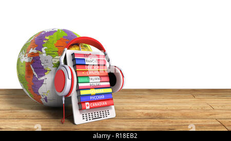 E-boock whith Globus audio Sprachen lernen 3d-render Erfolg knowlege Konzept Stockfoto