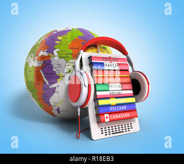 E-boock whith Globus audio Sprachen lernen 3d-render auf Farbübergang Stockfoto
