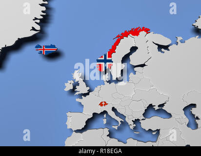 Europäische Freihandelsassoziation EFTA 3D-Render in Karte Stockfoto