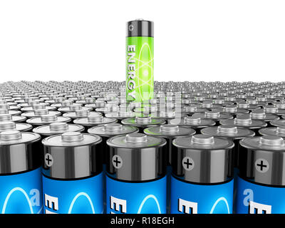 Akku Power concept Grüne Energie Hintergrund aus battaries und eine mit grünen Recycling Zeichen 3D-Darstellung Stockfoto