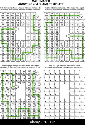 Lösungen und Antworten für den 3 vorhergehenden Mathe Labyrinthe, plus leere Vorlage. Kann auch als Vorlagen für neue Puzzle Arbeitsblätter verwendet werden. Stock Vektor