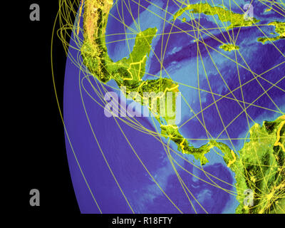 Mittelamerika aus dem Weltraum auf dem Planeten Erde mit Linien, globale Kommunikation, Reisen, Verbindungen. 3D-Darstellung. Elemente dieses Bild Stockfoto