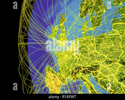 Westeuropa vom Platz auf dem Planeten Erde mit Linien, globale Kommunikation, Reisen, Verbindungen. 3D-Darstellung. Elemente dieses Bild f Stockfoto
