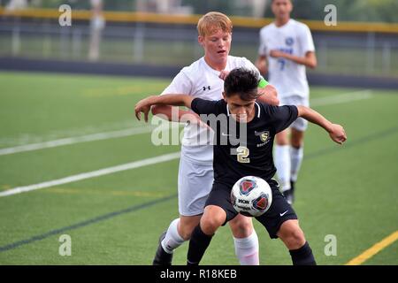 Spieler verlassen den Rasen eine Kugel aus seinem Körper entlang einem Nebenerwerb zu spielen. USA. Stockfoto