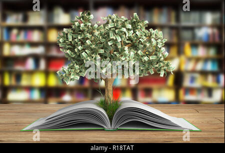 Baum aus dem Buch ein großes offenes Buch mit Baum Lesen macht sie reicher Konzept 3D-Render auf Holz in librury Stockfoto