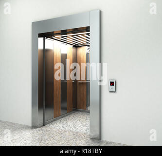 Realistische leeren Fahrstuhl Halle Innenraum mit Warten, Aufzug Marmorboden Decke Fenster und graue Wände, 3D-Rendering Stockfoto