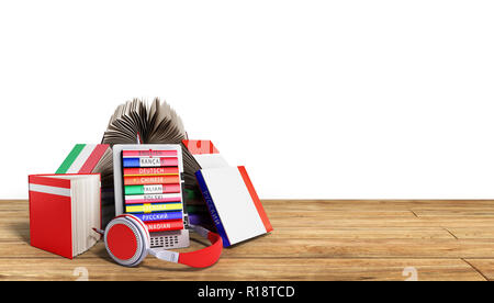 E-Book Audio Sprachen lernen und Bücher auf Holz 3d-render Erfolg knowlage Konzept Stockfoto