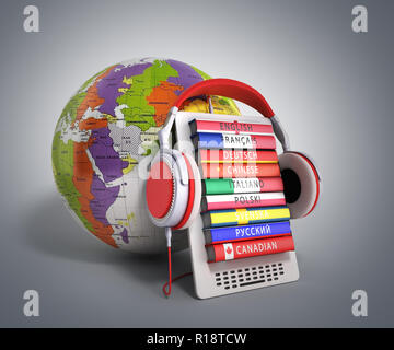 E-boock whith Globus audio Sprachen lernen 3d-render auf grauen Farbverlauf Stockfoto