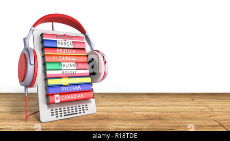 E-boock Sprachen lernen Online 3D-Render auf Holz Erfolg knowlage Konzept Stockfoto