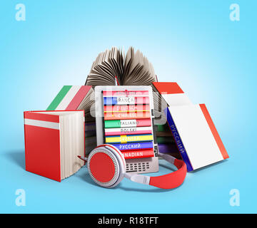 E-Book Audio Sprachen lernen und Bücher 3D-Render auf blauen Gradienten Stockfoto