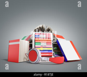 E-Book Audio Sprachen lernen und Bücher 3D-Render auf grauen Farbverlauf Stockfoto