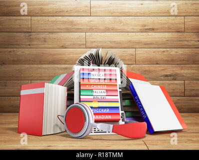 E-Book Audio Sprachen lernen und Bücher 3D-Render auf Holz Stockfoto