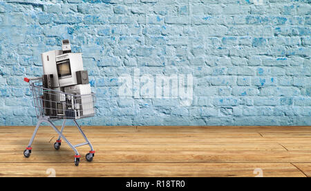 Haushaltsgeräte in den Warenkorb E-Commerce oder Online Shopping Konzept breack Hintergrund, 3D-Rendering Stockfoto