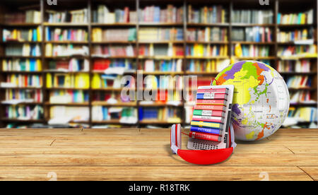 E-Book mit Globus audio Sprachen lernen librury Hintergrund 3D-Render Erfolg knowlage Konzept Stockfoto