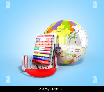 E-Book mit Globus audio Sprachen lernen 3d-render auf Blau Stockfoto