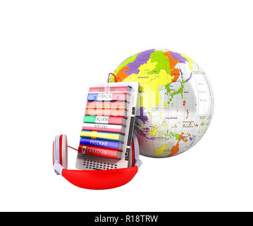 E-Book mit Globus audio Sprachen lernen 3d-render kein Schatten Stockfoto