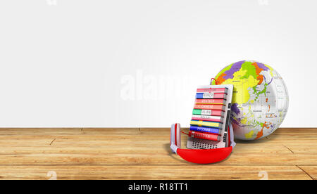 E-Book mit Globus audio Sprachen lernen Holz Hintergrund 3D-Render Erfolg knowlage Konzept Stockfoto