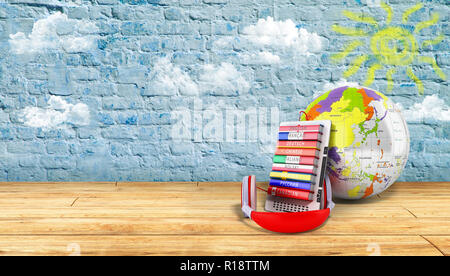 E-Book mit Globus audio Sprachen lernen breeck Hintergrund 3D-Render Erfolg knowlage Konzept Stockfoto