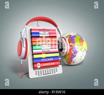 E-Book mit Globus audio Sprachen lernen 3d-render auf grauen Farbverlauf Stockfoto