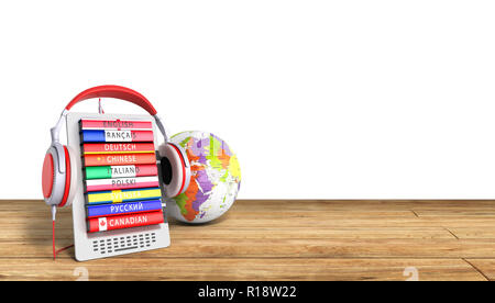 E-Book mit Globus audio Sprachen lernen Holz Hintergrund 3D-Render Erfolg wissen Konzept Stockfoto