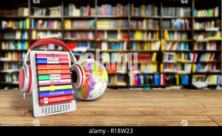 E-Book mit Globus audio Sprachen lernen Bibliothek Hintergrund 3D-Render Erfolg wissen Konzept Stockfoto