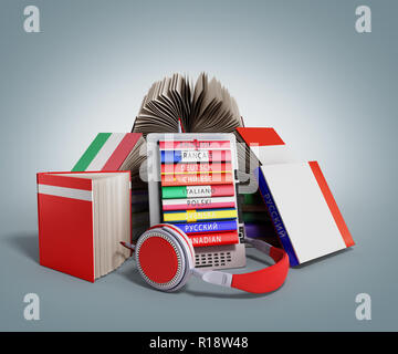 E-Book Audio Sprachen lernen und Bücher 3D-Render auf grauen Farbverlauf Stockfoto