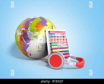 E-boock whith Globus audio Sprachen lernen 3d-render auf Blau Stockfoto