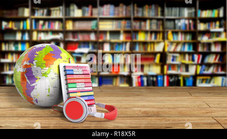 E-boock whith Globus audio Sprachen lernen 3d-render Erfolg knowlage Konzept Stockfoto