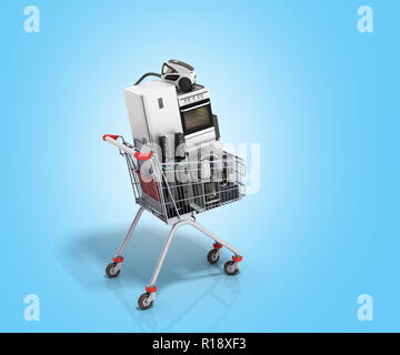 Haushaltsgeräte in den Warenkorb E-Commerce oder Online Shopping Konzept 3D-Render auf Blau Stockfoto