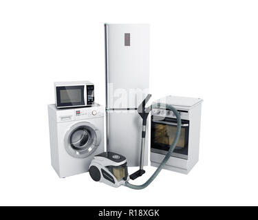 Haushaltsgeräte Gruppe von weißen Kühlschrank Waschmaschine herd mikrowelle Staubsauger keinen Schatten, 3D-Rendering Stockfoto