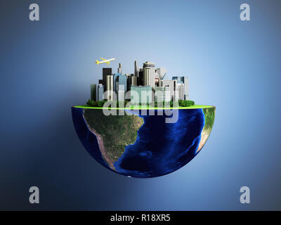 Urbanisierung Konzept mit Kugel und die Stadt auf abstrakte grüner Hintergrund 3D Rendering auf Blau Stockfoto