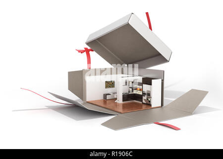 Konzept Apartment als Geschenk Küche Interieur in einer offenen Box 3D-Render auf Weiß kein Schatten Stockfoto
