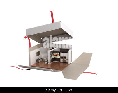 Konzept Apartment als Geschenk Küche Interieur in einer offenen Box 3D-Render auf Weiß kein Schatten Stockfoto