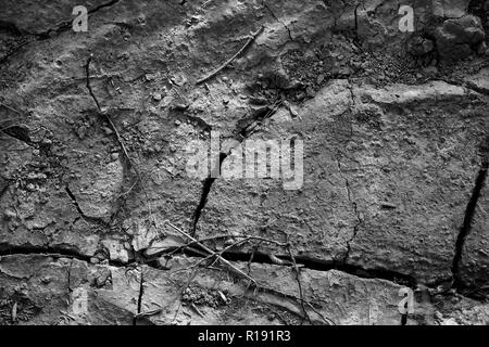 Im heißen Sommer, der Boden Krusten. Tiefe Risse bilden. Die Oberfläche der Erde ist hart und staubig. Stockfoto