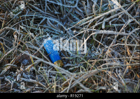 Kunststoffhülse Jagd Patrone in das Gras auf dem Feld, bedeckt mit Frost von Feuchtigkeit und Frost. Stockfoto