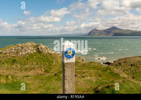 Blick von Morfa Nefyn Golf Club entlang der Klippe entlang der walisischen Küste mit Blick über den Atlantik Richtung Yr Eifl. Gwynedd Norden Wal Stockfoto