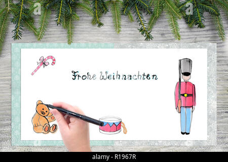 Weihnachten Illustrationen. Englischer Text Frohe Weihnachten als handlettering. Im Hintergrund ist Holz und Tannengrün. Stockfoto