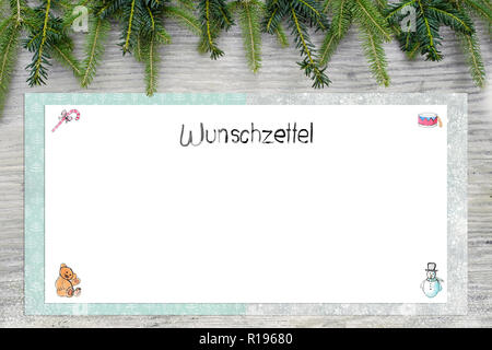 Weihnachten Illustrationen. English German text Merkzettel als handlettering. Im Hintergrund ist Holz und Tannengrün. Stockfoto