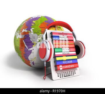 E-boock whith Globus audio Sprachen lernen 3d-render auf Weiß Stockfoto