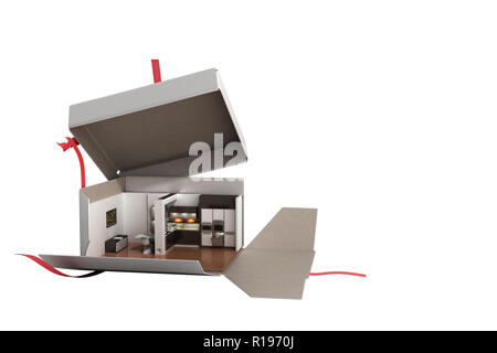 Konzept Apartment als Geschenk Küche Interieur in einer offenen Box 3D-Render auf Weiß kein Schatten Stockfoto