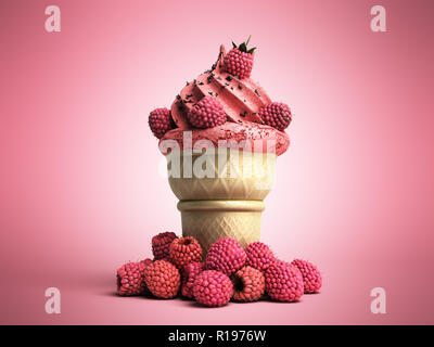 Eis mit Himbeeren und Schokolade Krümel in einem Waffle Cup 3D-Render auf Farbe Stockfoto