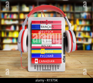 E-boock Audio Sprachen lernen 3d-render auf hölzernen Flor in Bibliothek Stockfoto