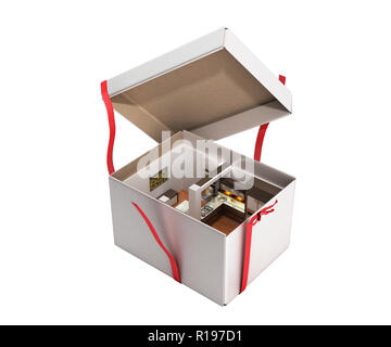 Konzept Apartment als Geschenk Küche Interieur in einer offenen Box 3D-Render auf Weiß kein Schatten Stockfoto