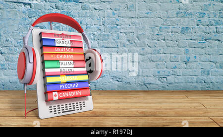 E-boock Sprachen lernen Online 3D-Render auf Farbübergang Erfolg knowlage Konzept Stockfoto