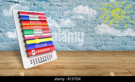 E-boock Sprachen lernen 3d-render in Bibliothek Erfolg knowlage Konzept Stockfoto