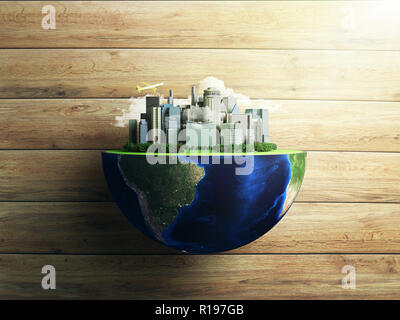 Urbanisierung Konzept mit Kugel und die Stadt auf abstrakte grüner Hintergrund 3D Rendering auf Holz Stockfoto
