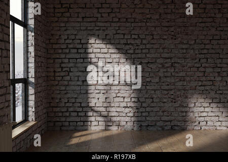 3D-Rendering der leere weiße Mauer mit alten Parkettboden auf dem Dachboden Stockfoto