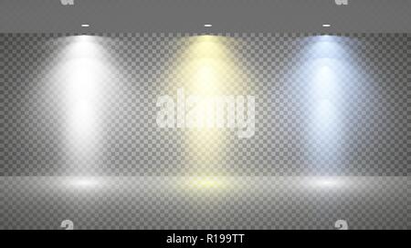 Satz farbiger Suchscheinwerfer auf einen transparenten Hintergrund. Helle Beleuchtung mit Strahlern. Der Suchscheinwerfer wird Weiß, Blau Stock Vektor